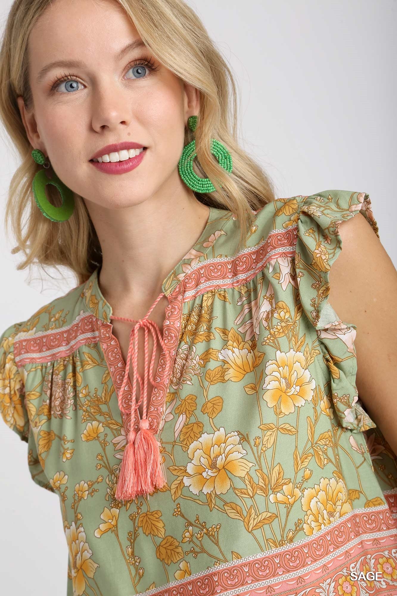Boxy Cut Border Print Split Neck Top