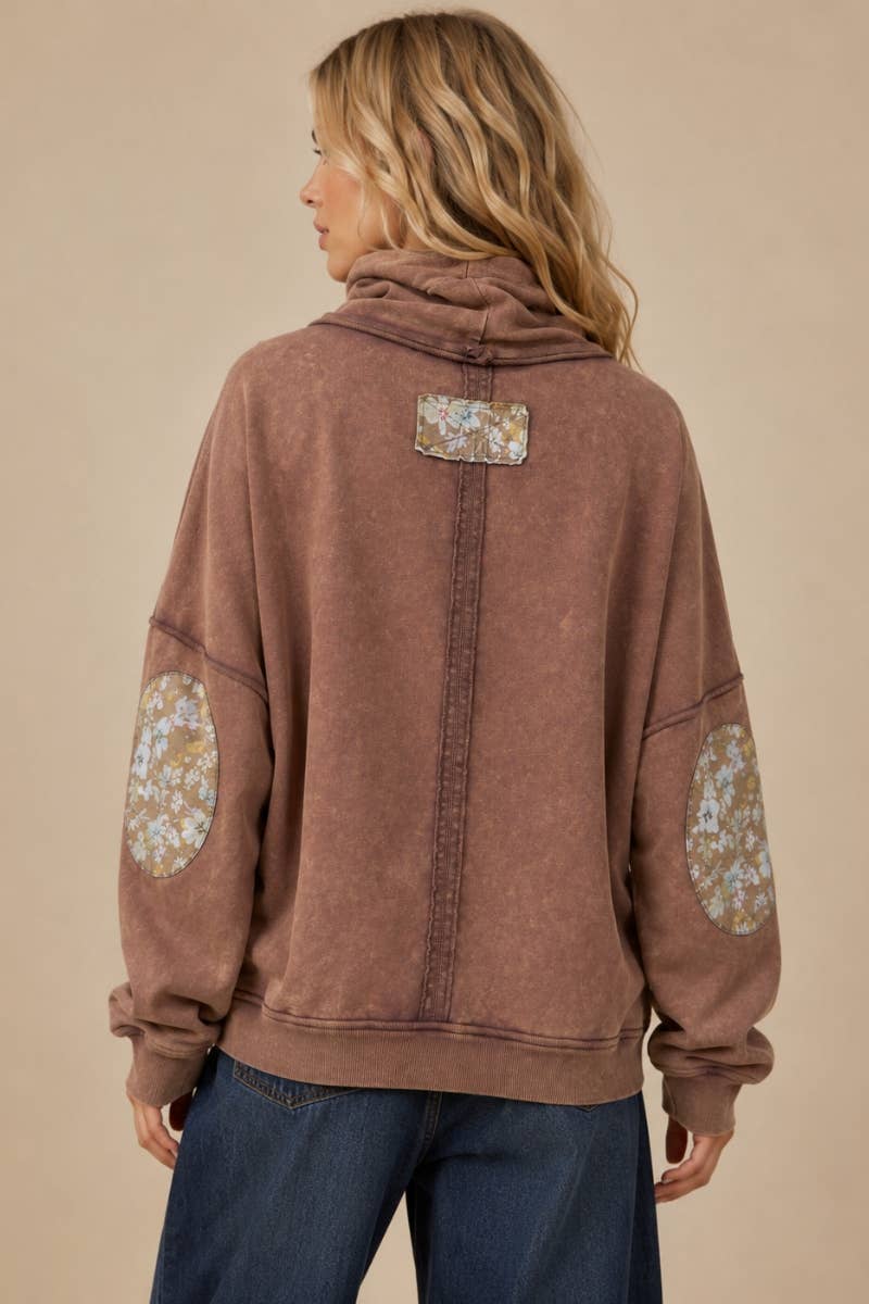 Floral Patch Loose Cowl Neck French Terry Top