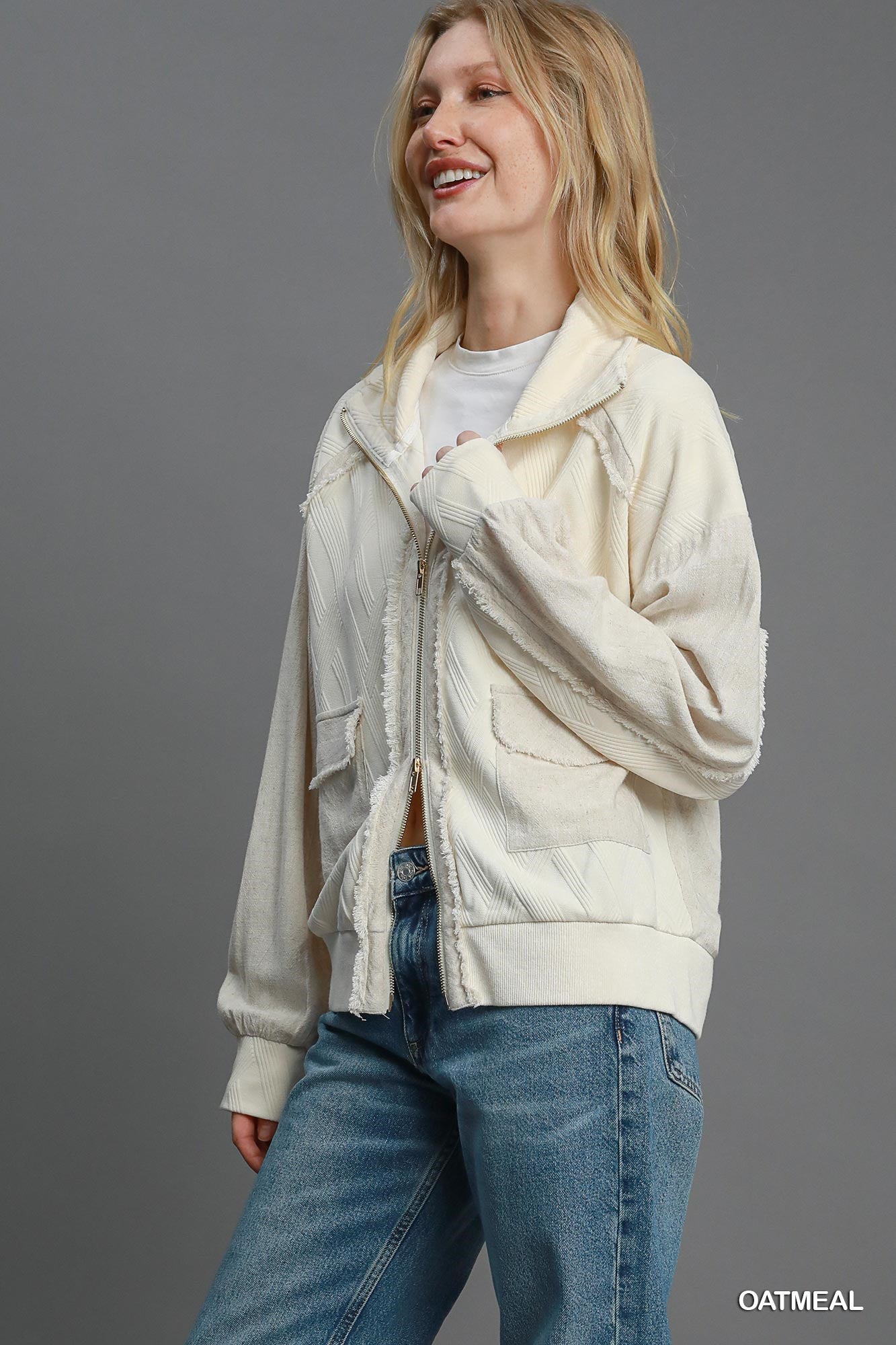Cotton Blend Zip Bomber Jacket