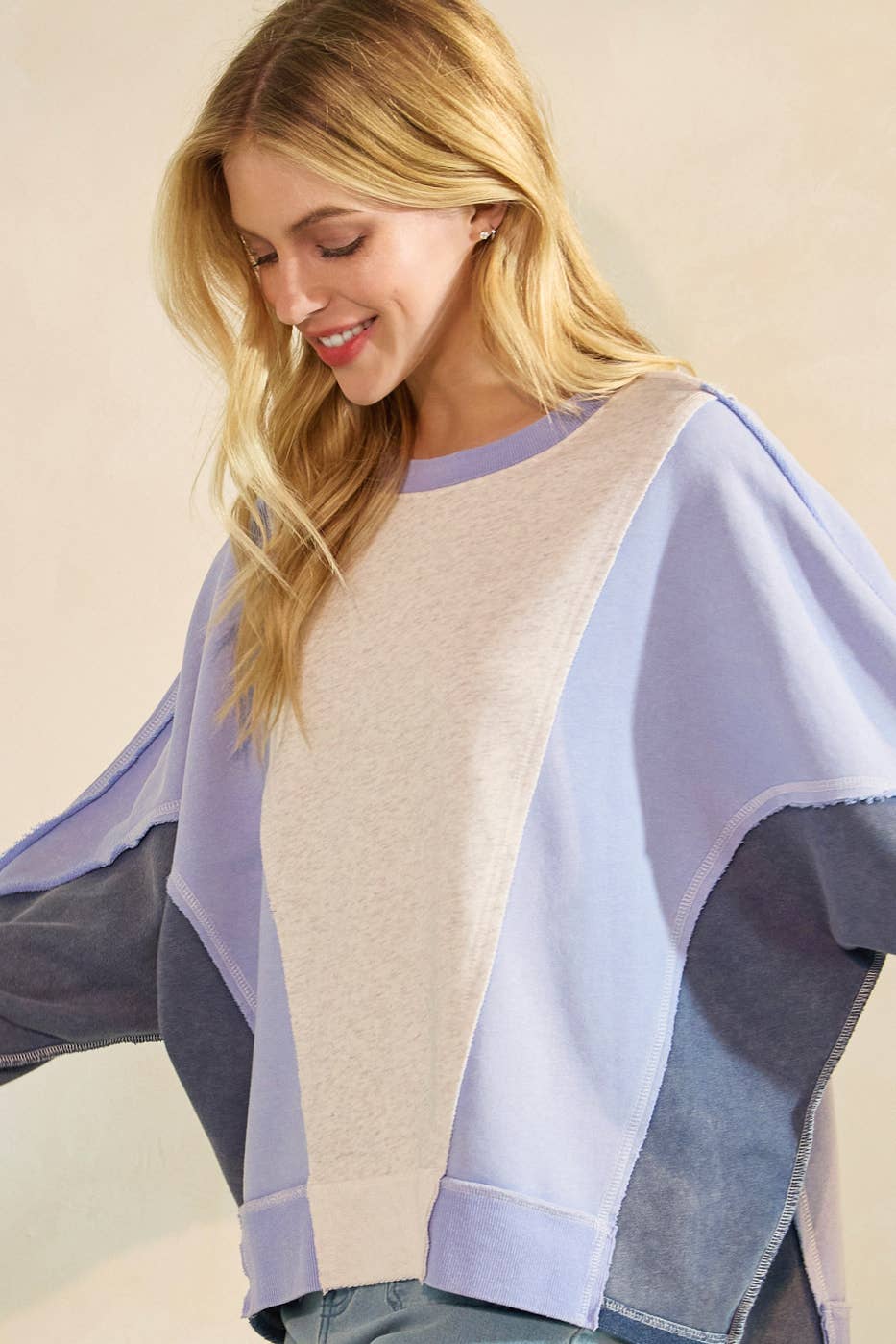 MINERAL WASH COLOR BLOCK DOLMAN SLEEVE PULLOVER