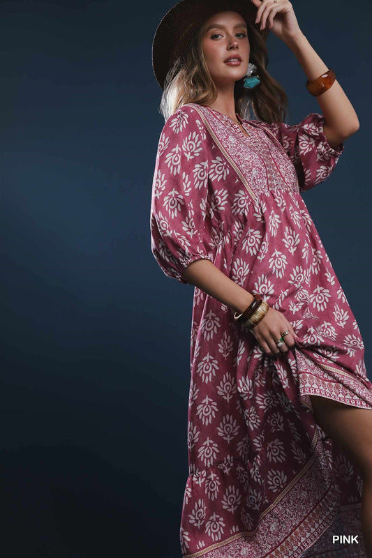 Abstract Border Print Midi Dress