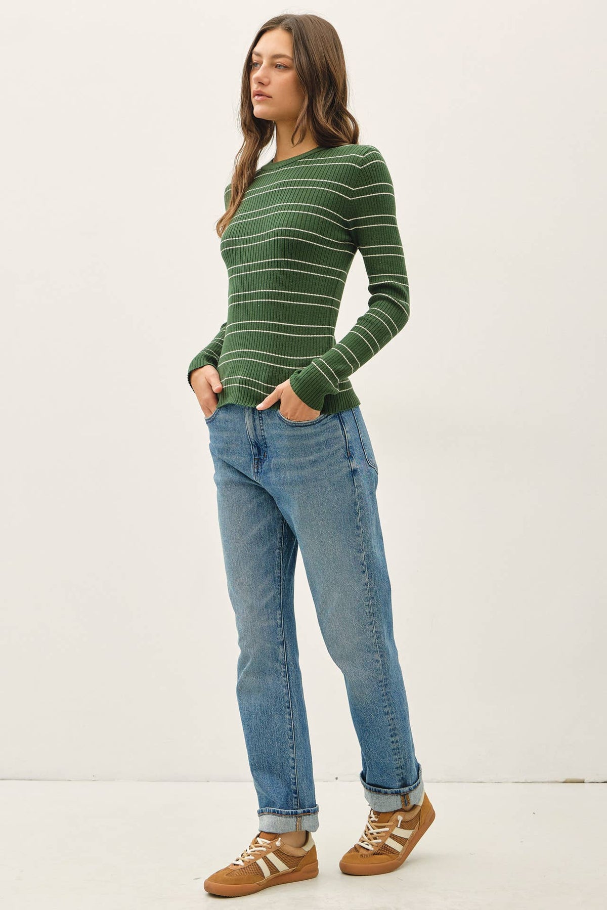 DOUBLE STRIPE CREWNECK RIB SWEATER