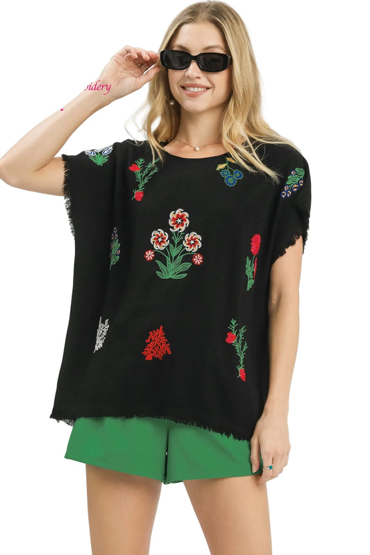 Linen Blend Embroidered Frayed Bottom Top