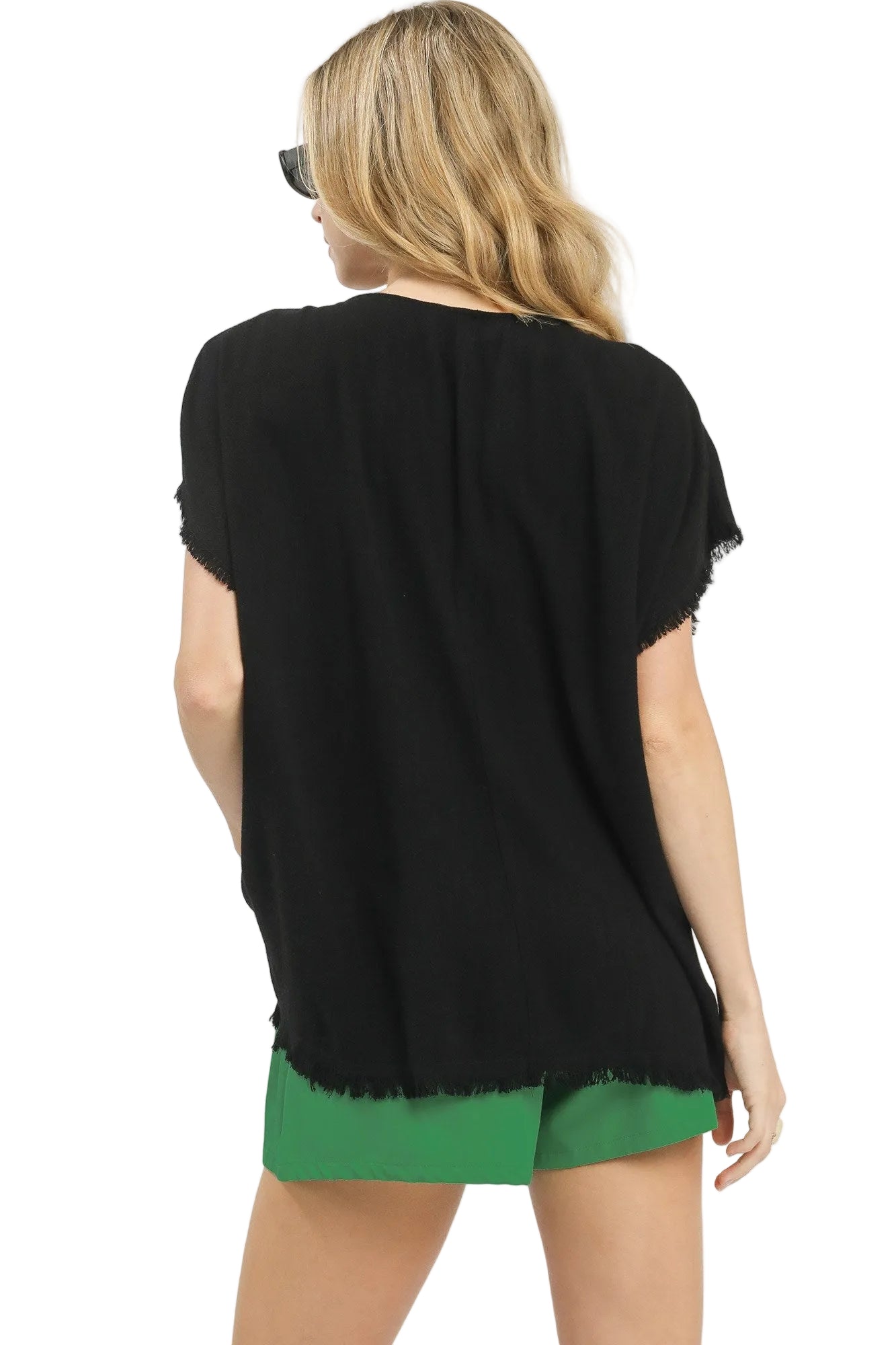Linen Blend Embroidered Frayed Bottom Top