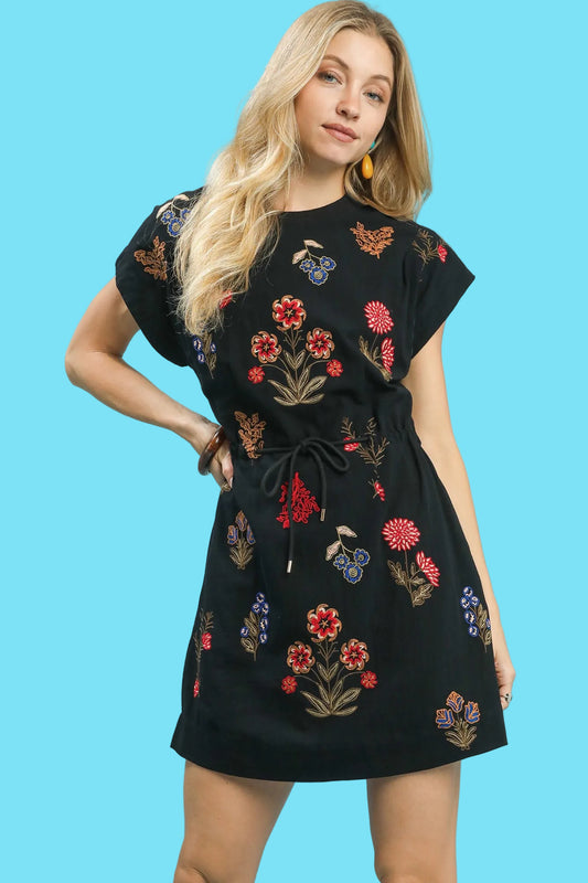 Embroidered Floral Mini Dress with Waist Tie