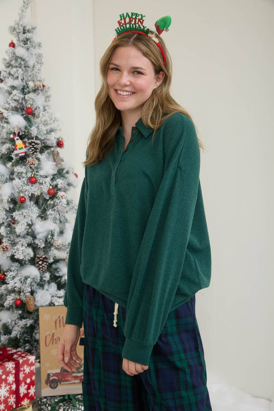 COLLARED HALF SNAP BUTTON LONG SLEEVE KNIT TOP