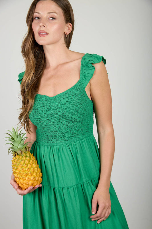 SMOCKED RUFFLE SLEEVE MIDI DRESS