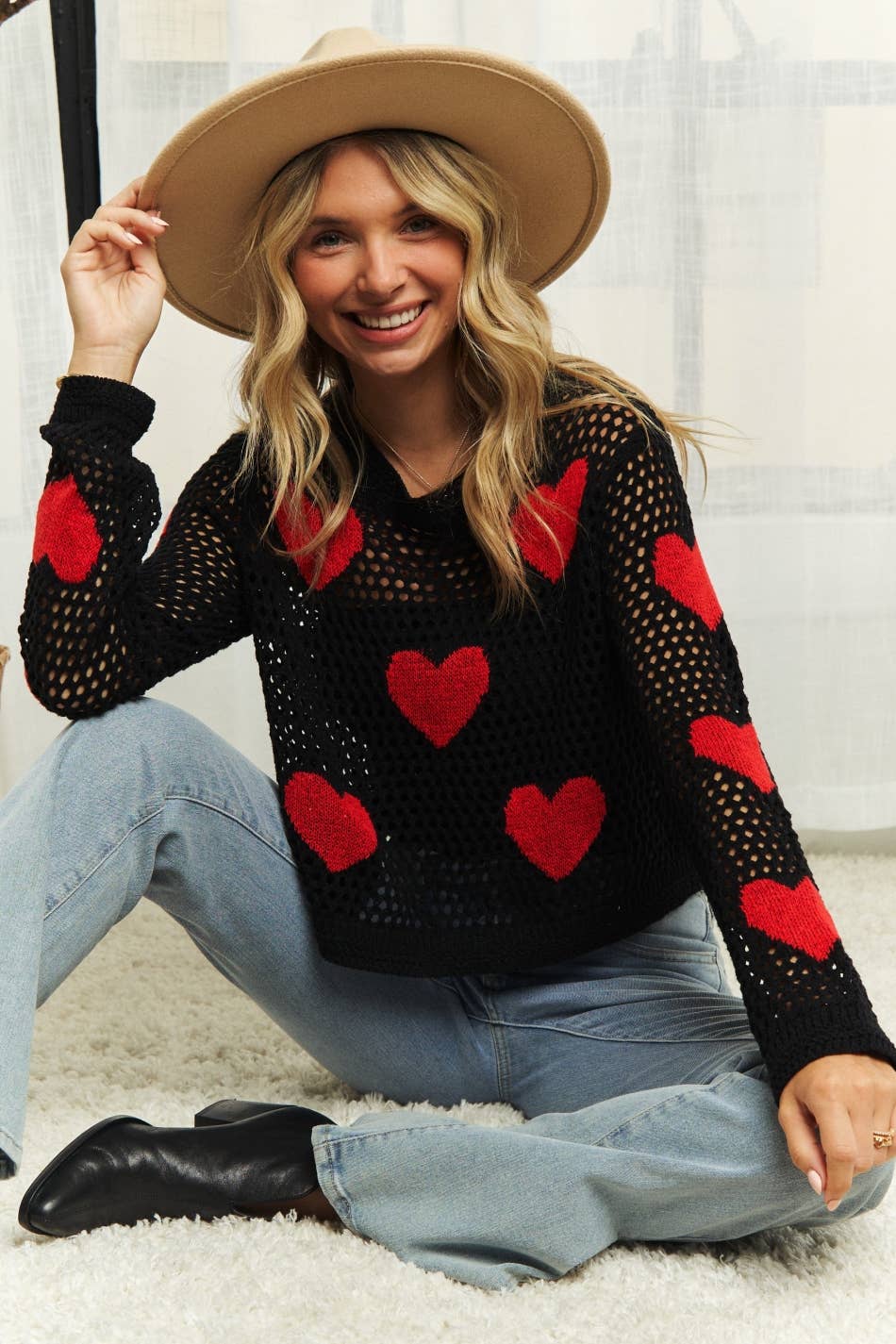 HEART PATTERN SWEATER OPEN KNIT TOP