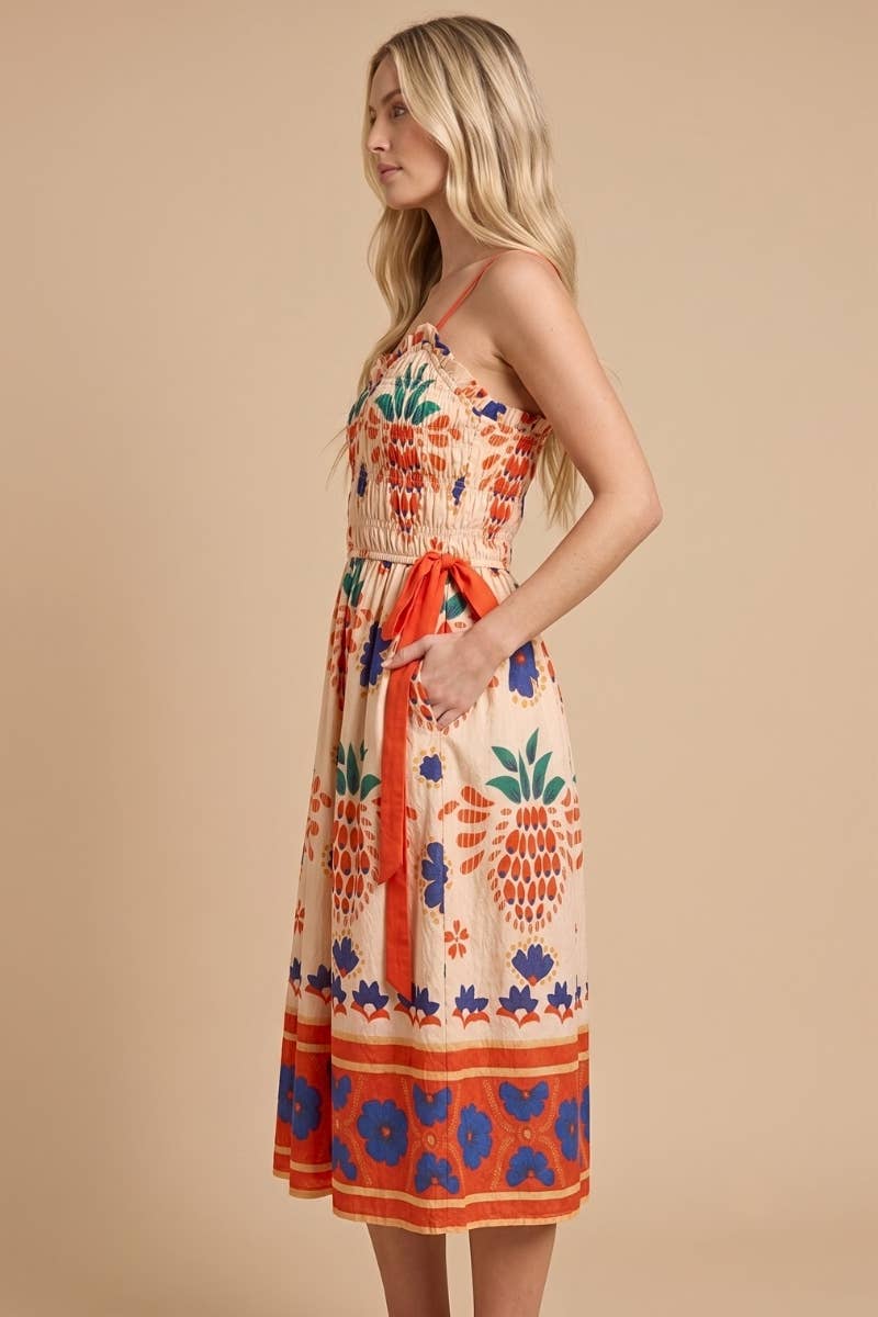 Tropicana Smocked Midi Spaghetti Strap Dress