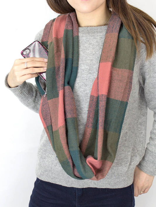 Stylish Plaid Infinity Scarf with Hidden Zipper Pocket