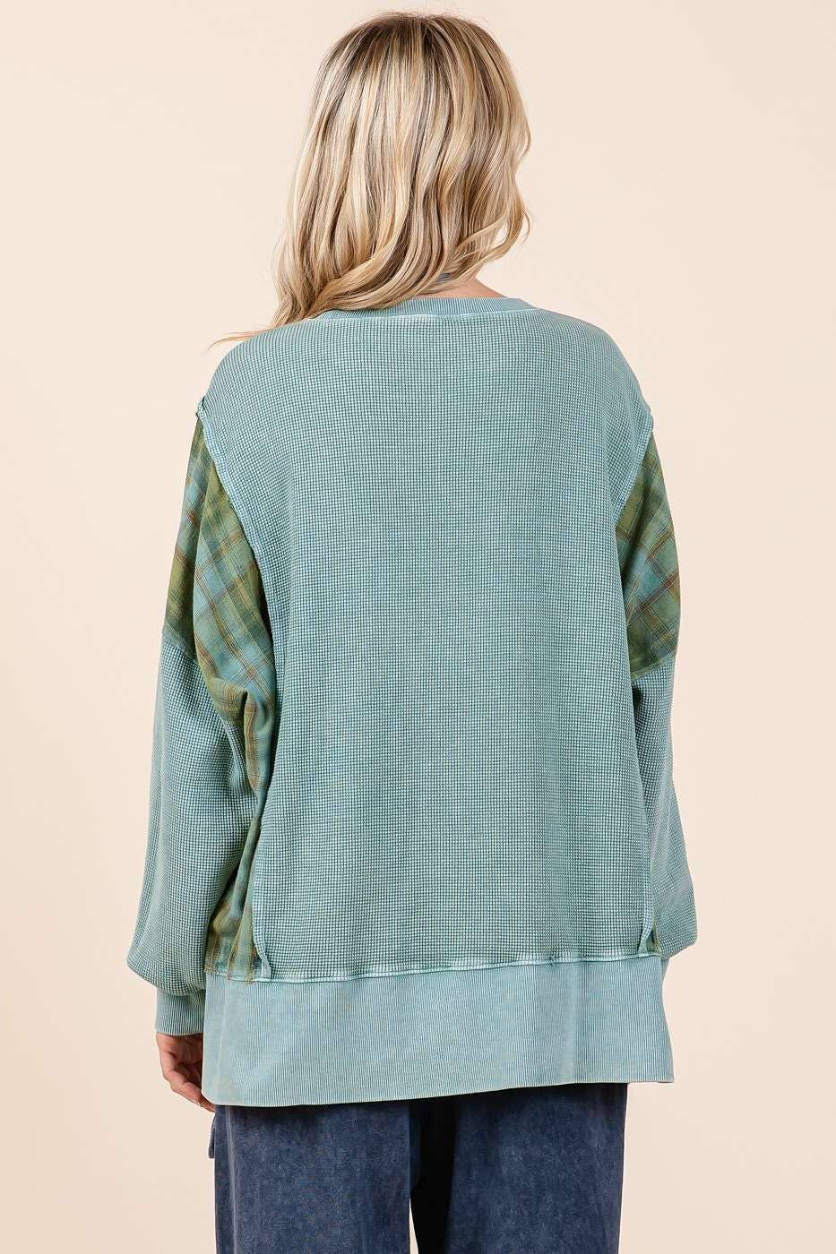 PLAID PANEL MINERAL WASH FRENCH TERRY SWEATSHIRT