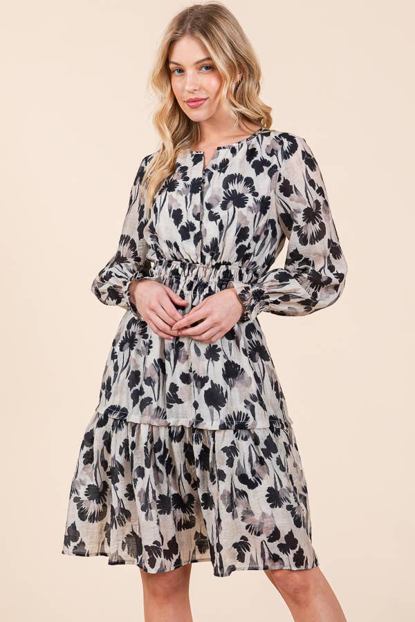 Floral Print Long Sleeve Cinched Waist Tiered Dress