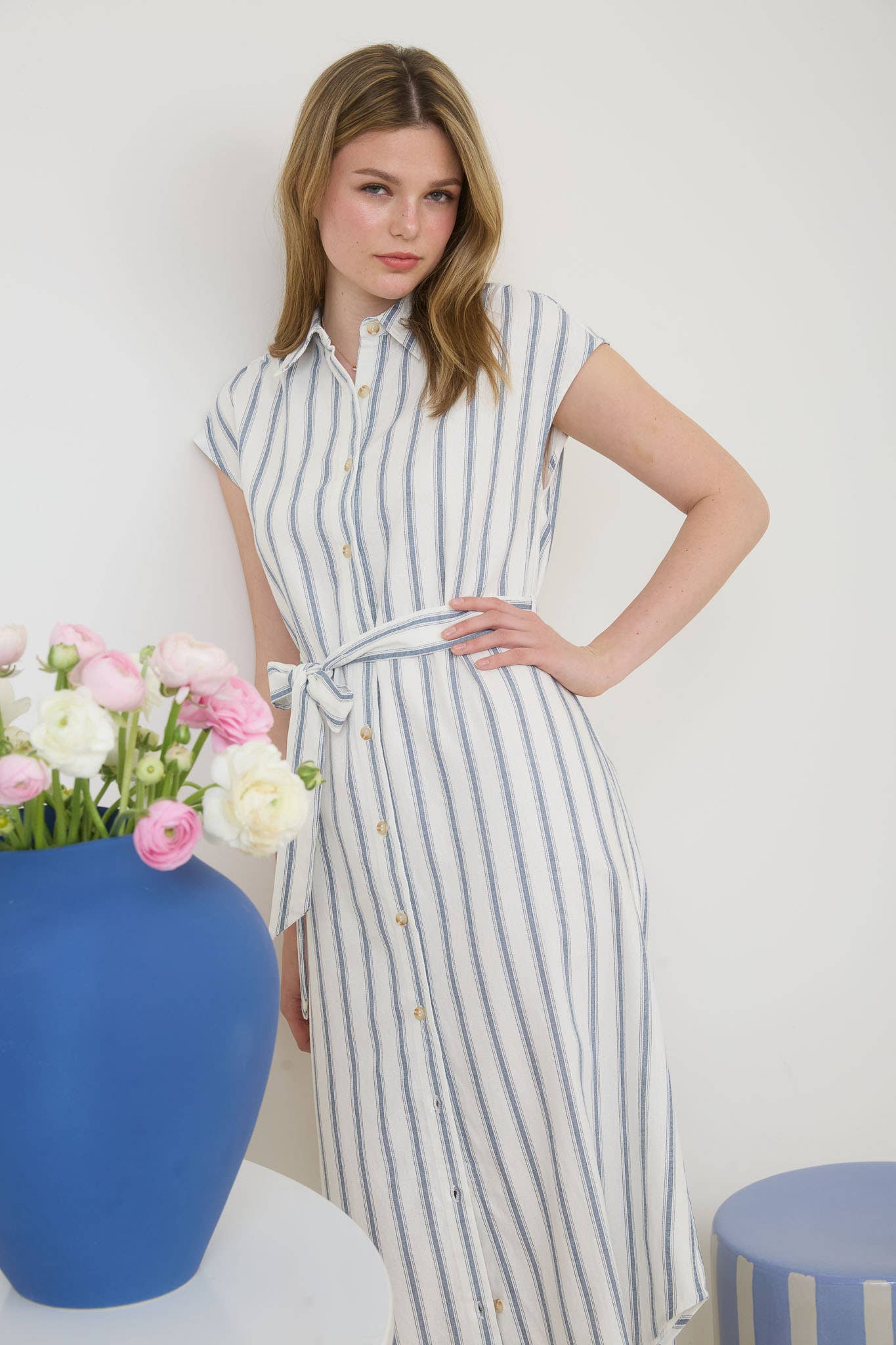 STRIPE COLLARED BUTTON DOWN BELT TIE SHIRT DRESS