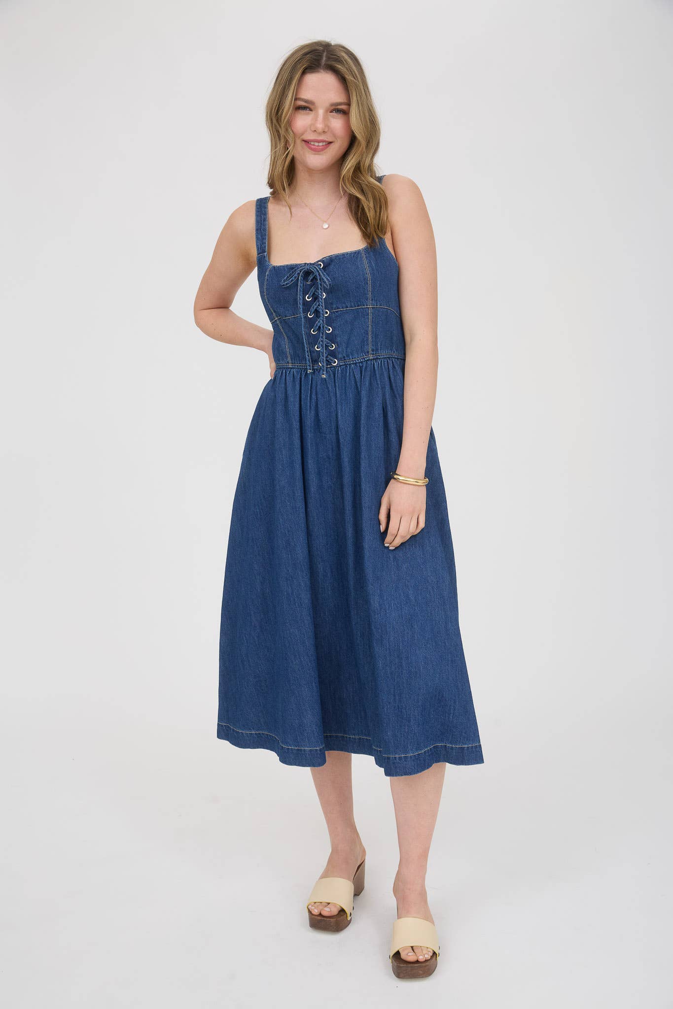 LACE UP SLEEVELESS DENIM MIDI DRESS