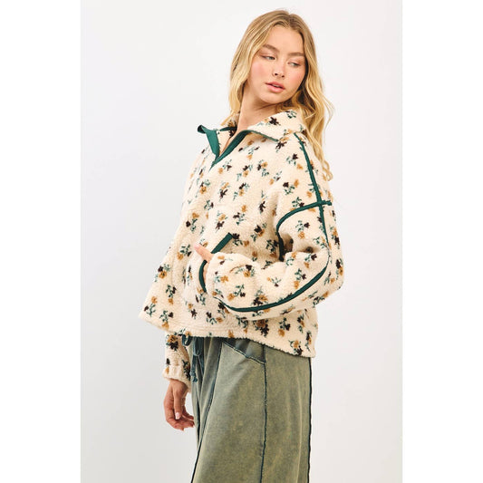 FLOWER PRINT HALF ZIP CONTRAST FLEECE SWEATSHIRT