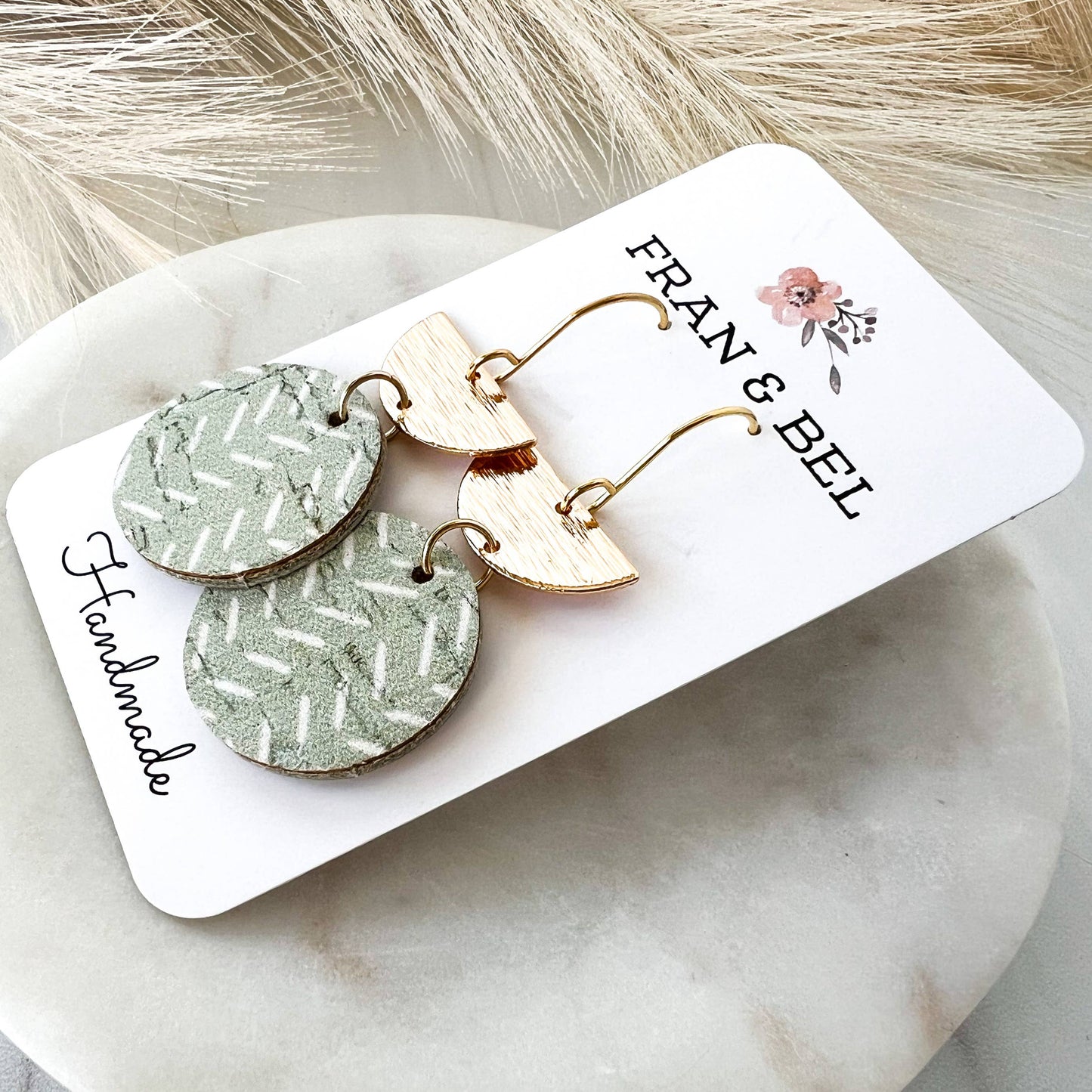 Sage  Green and White Chevron with Semi Circle Earrings