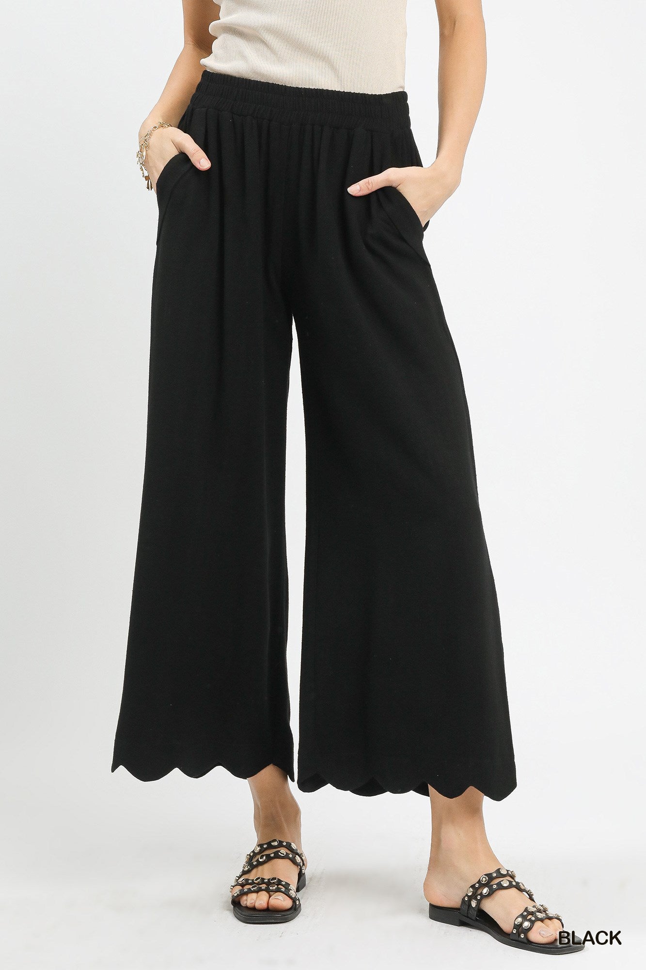 Linen Blend Scalloped Hem Pant