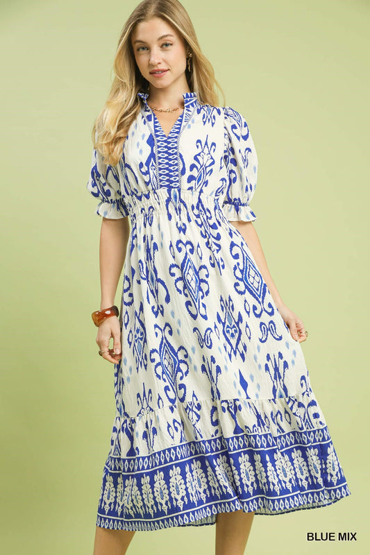 Mixed Ikat Print Maxi Dress
