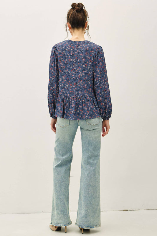 FLORAL PRINT V-NECK CHIFFON BLOUSE TOP