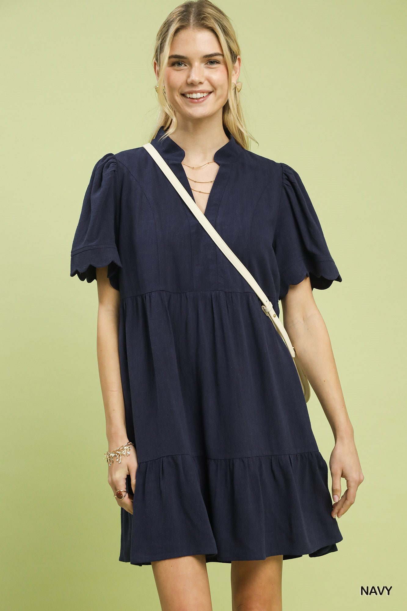 Linen Tiered Babydoll Dress with Scallop Sleeve