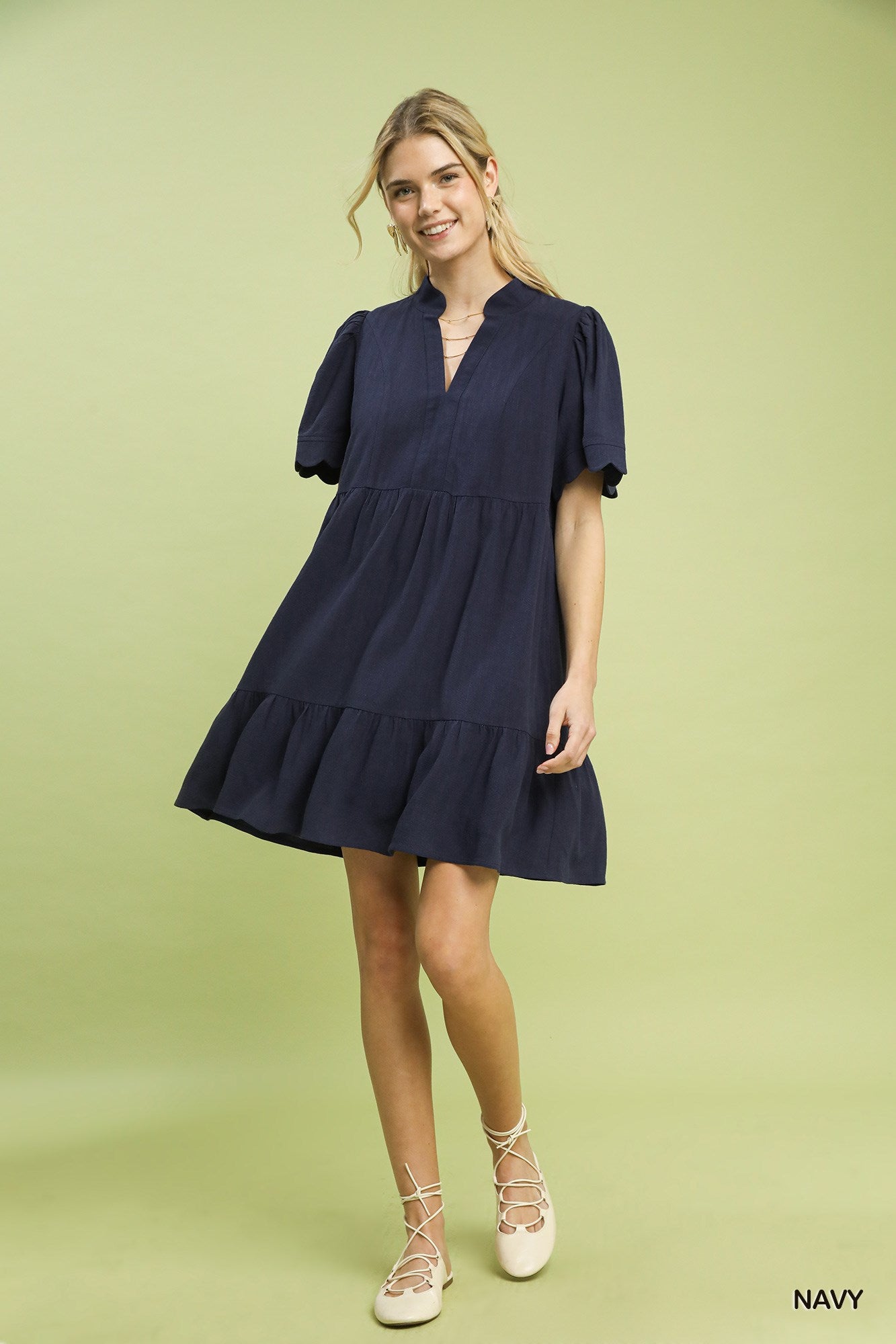 Linen Tiered Babydoll Dress with Scallop Sleeve