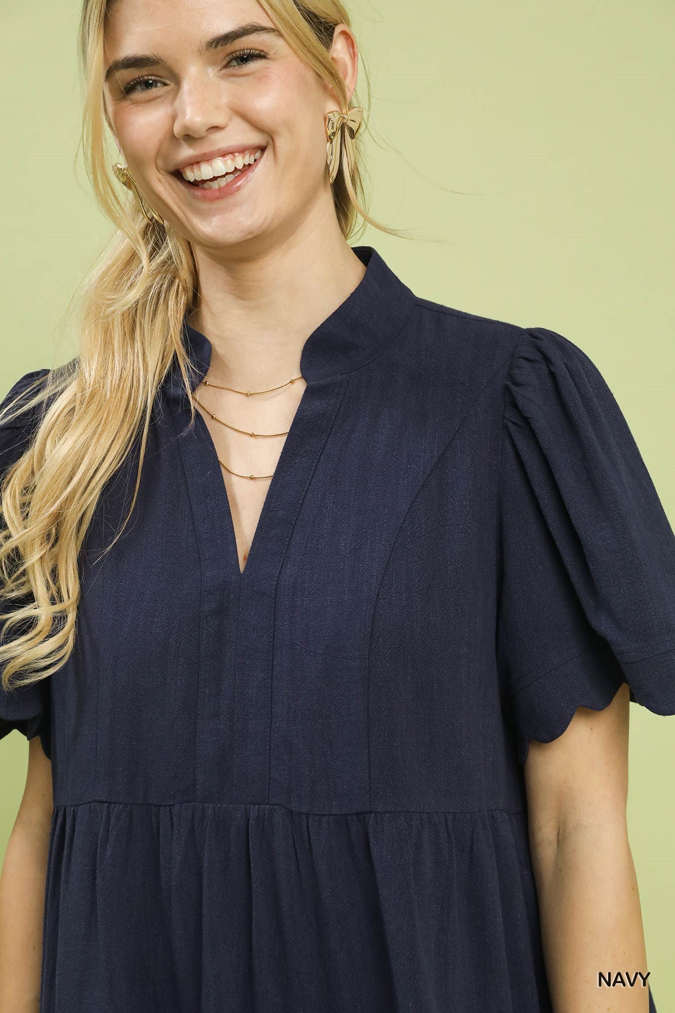 Linen Tiered Babydoll Dress with Scallop Sleeve