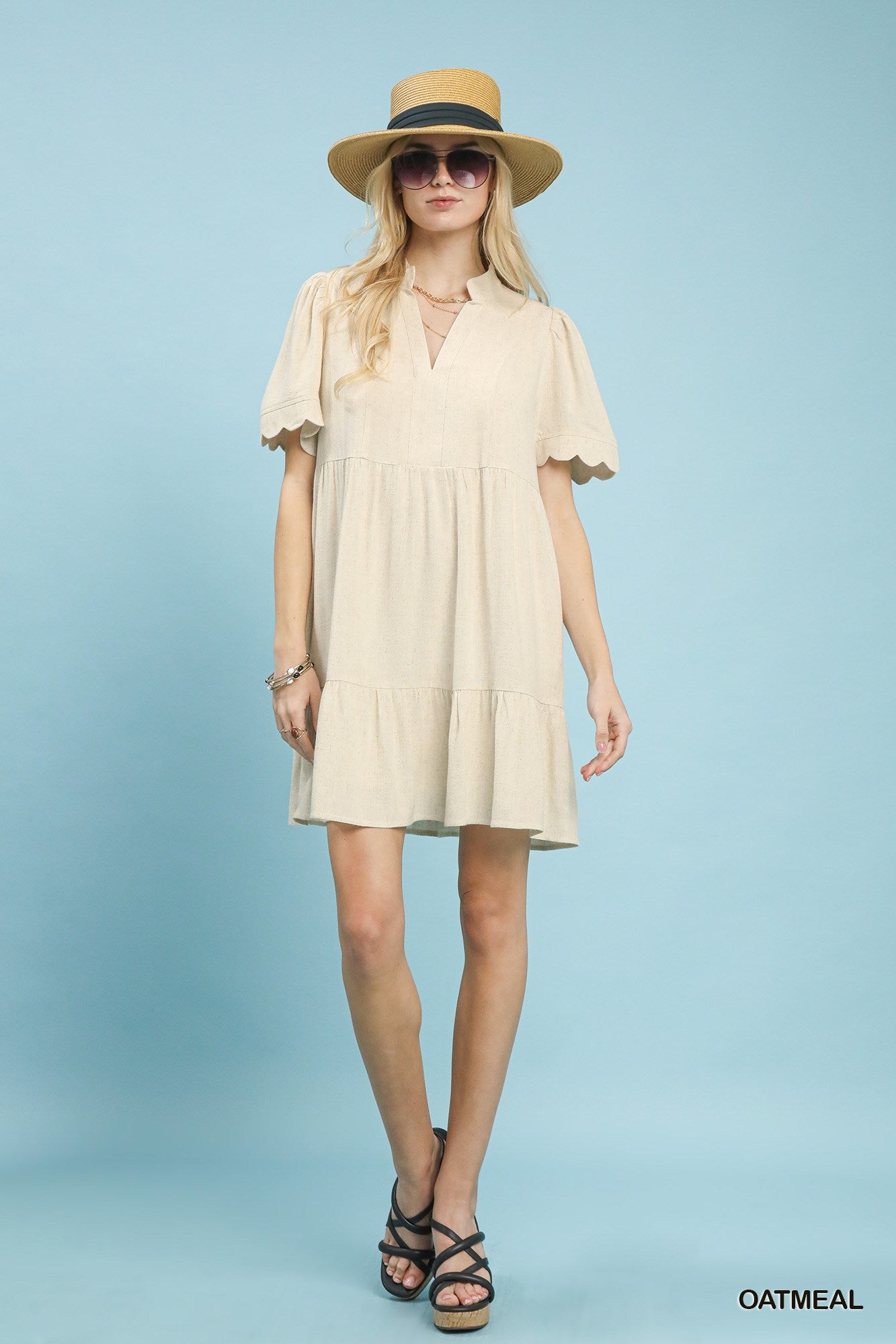 Linen Tiered Babydoll Dress with Scallop Sleeve