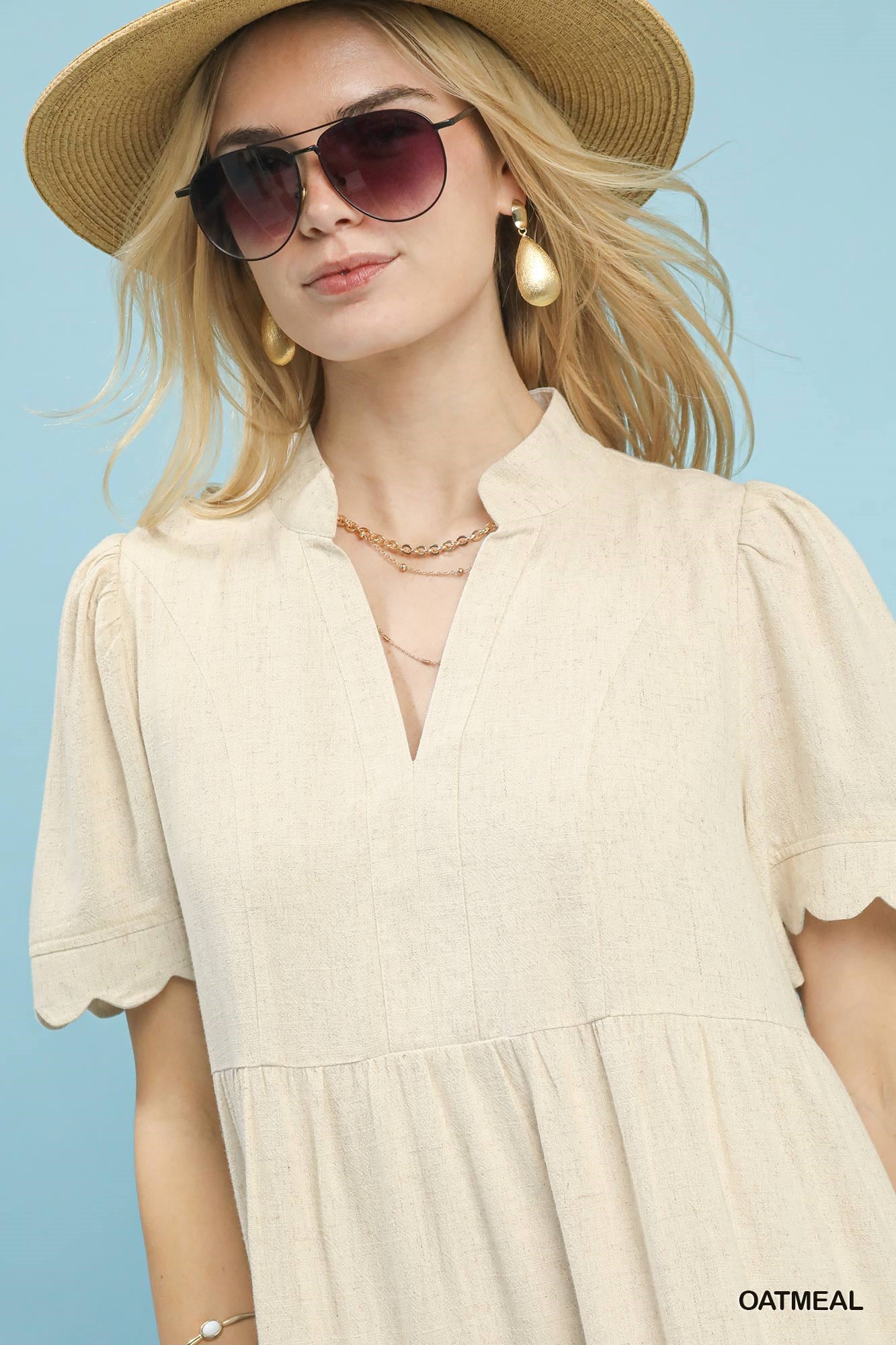 Linen Tiered Babydoll Dress with Scallop Sleeve