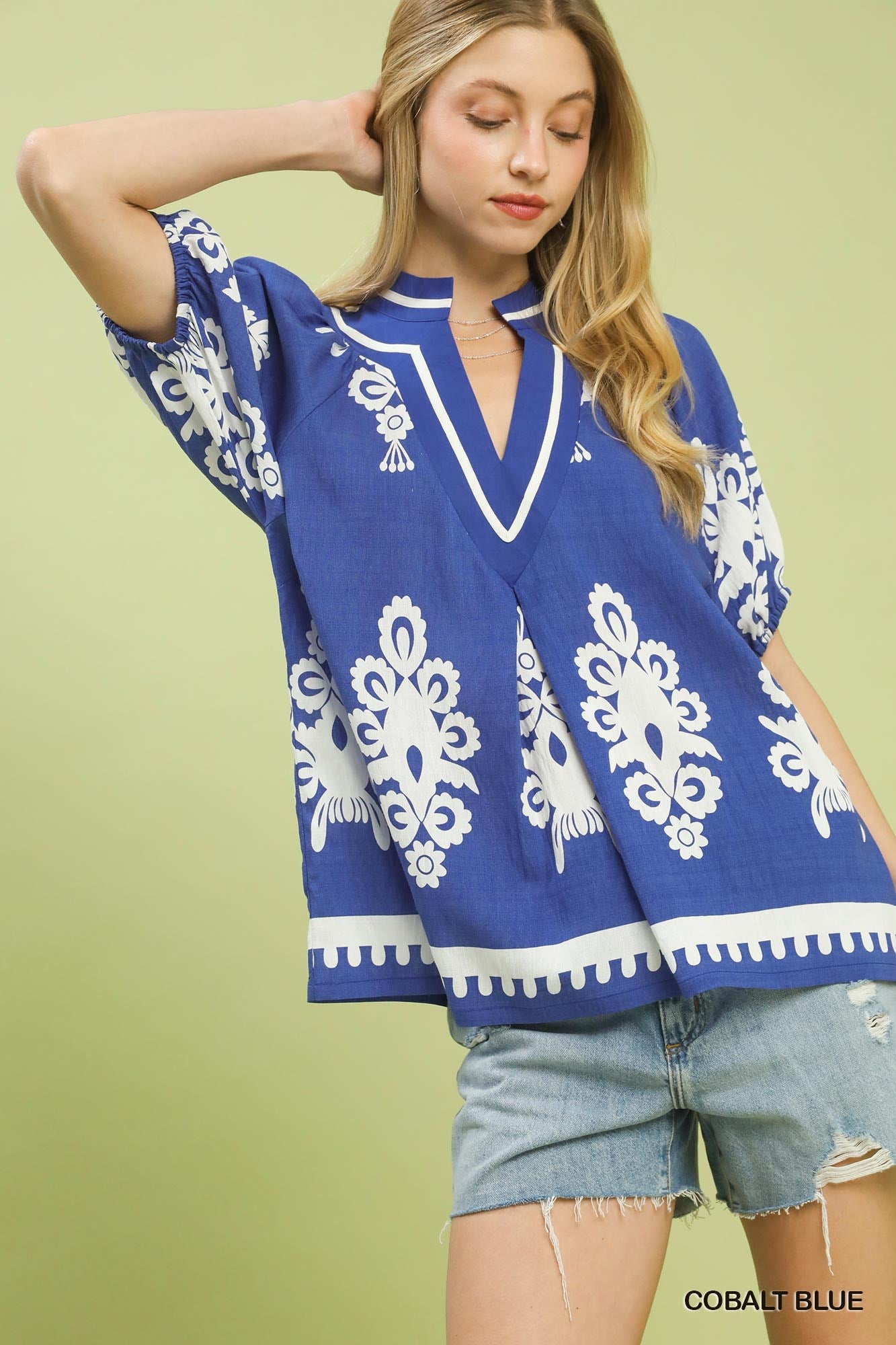 Boho Print Split Neck Blouse