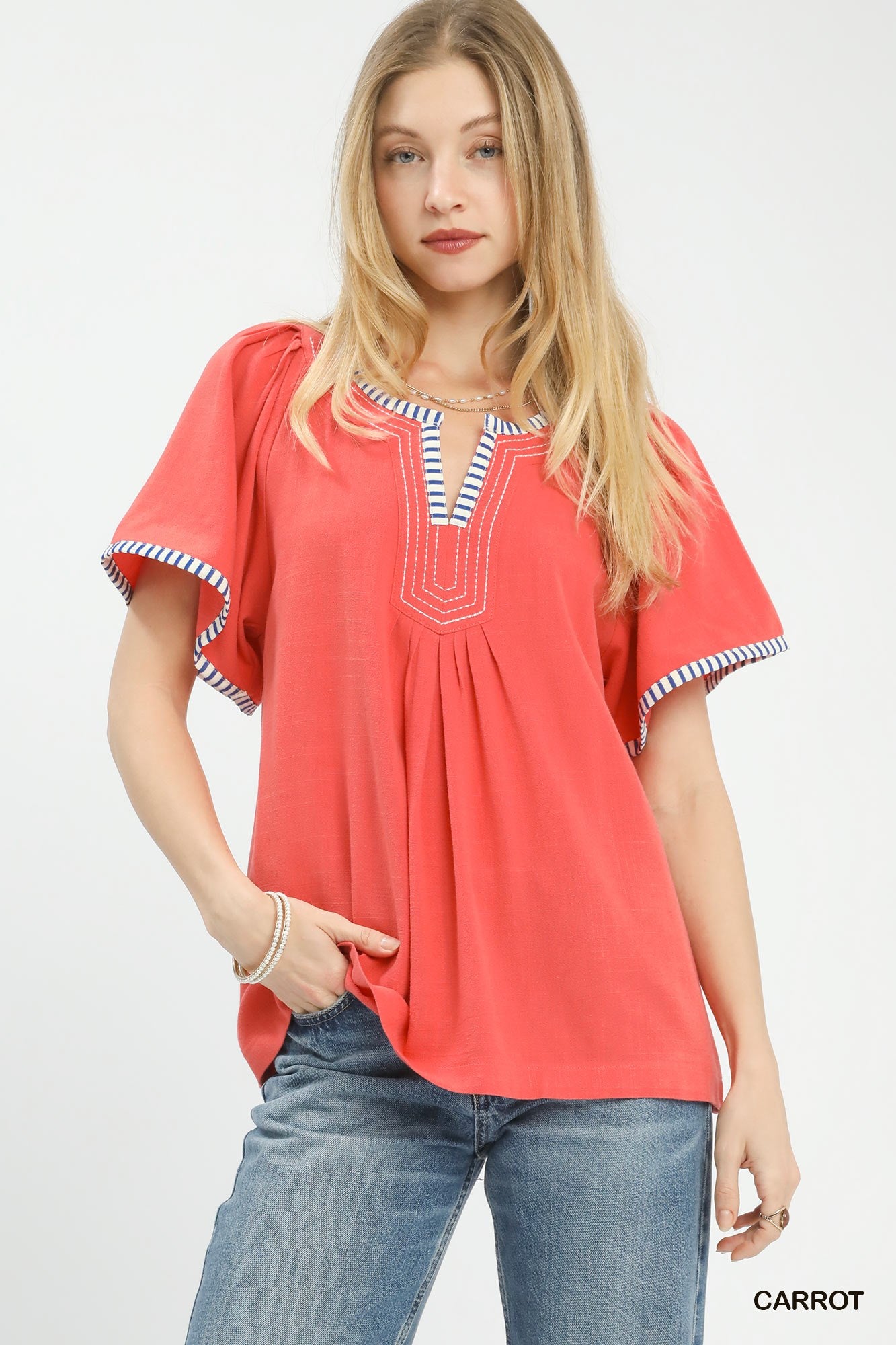 Contrast Trim Flutter Sleeve Top
