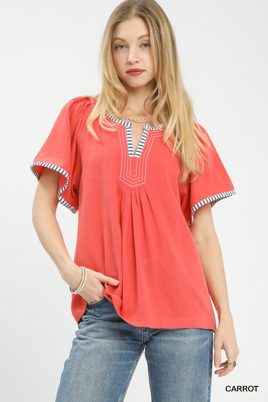 Contrast Trim Flutter Sleeve Top
