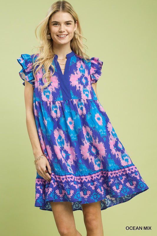 Abstract Print Flutter Sleeve Dress