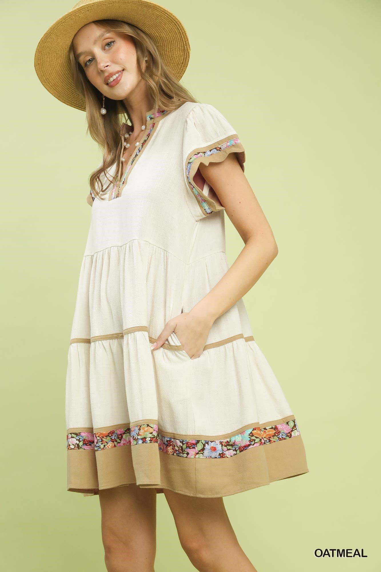 Linen Tiered Flutter Sleeve Dress