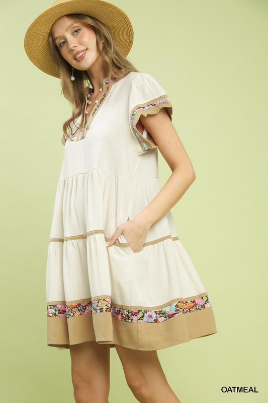 Linen Tiered Flutter Sleeve Dress