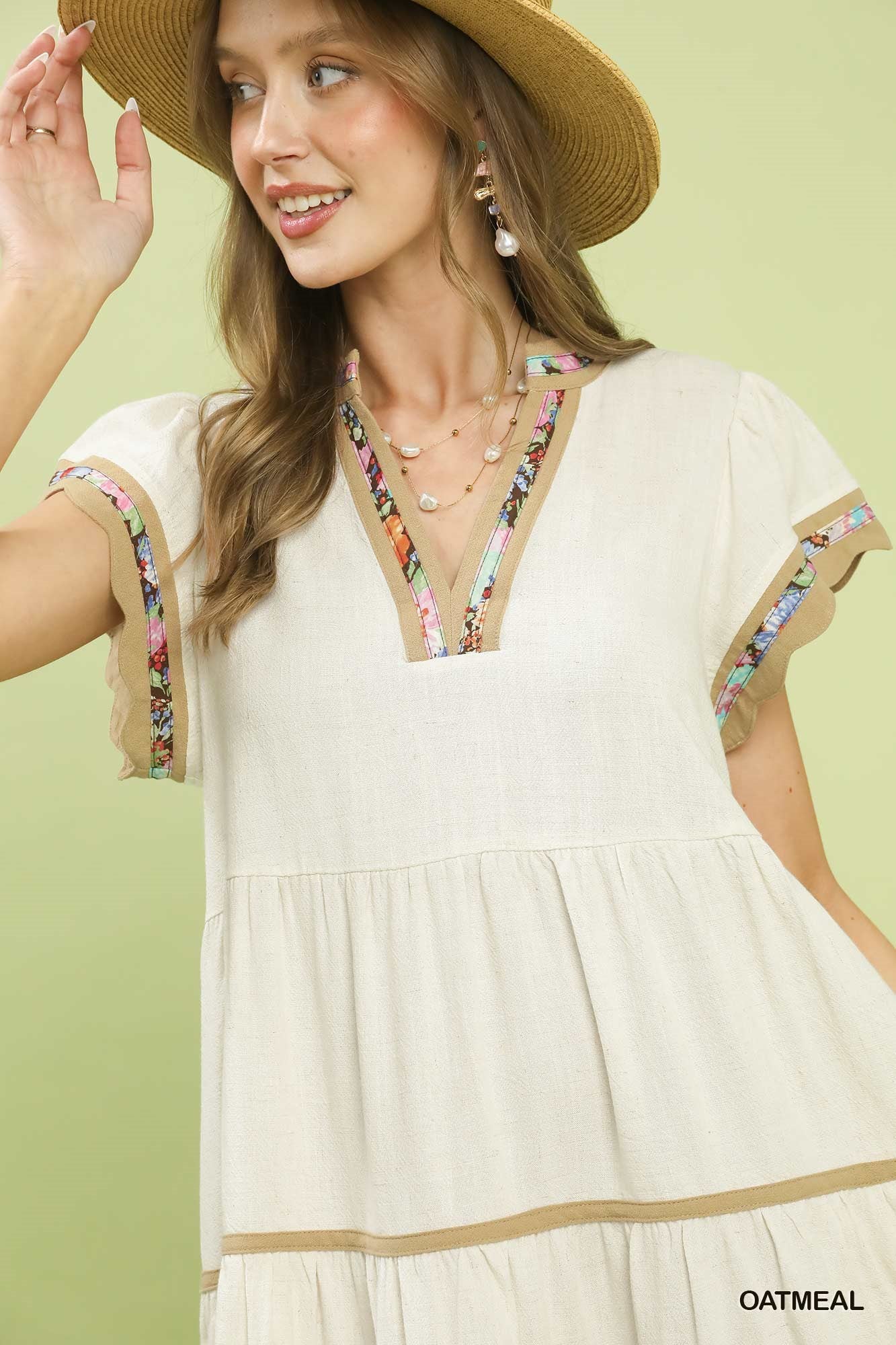 Linen Tiered Flutter Sleeve Dress