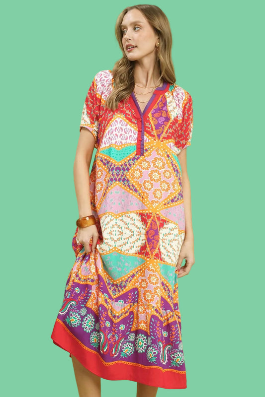 Patchwork Print Split Neck Midi Dress
