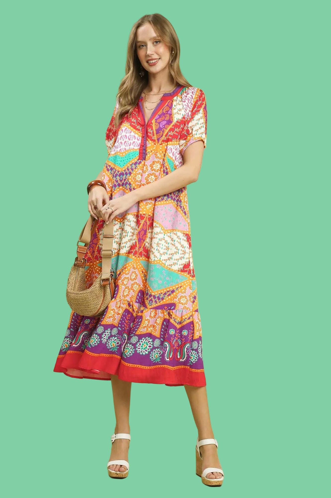Patchwork Print Split Neck Midi Dress