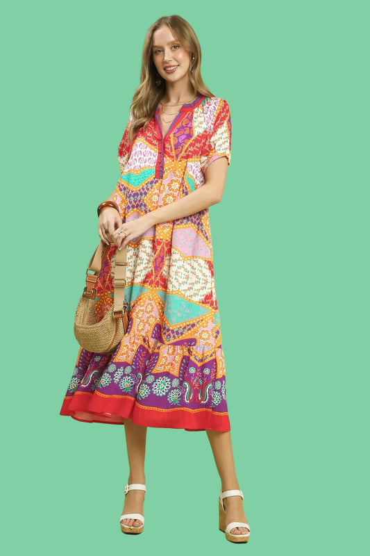 Patchwork Print Split Neck Midi Dress