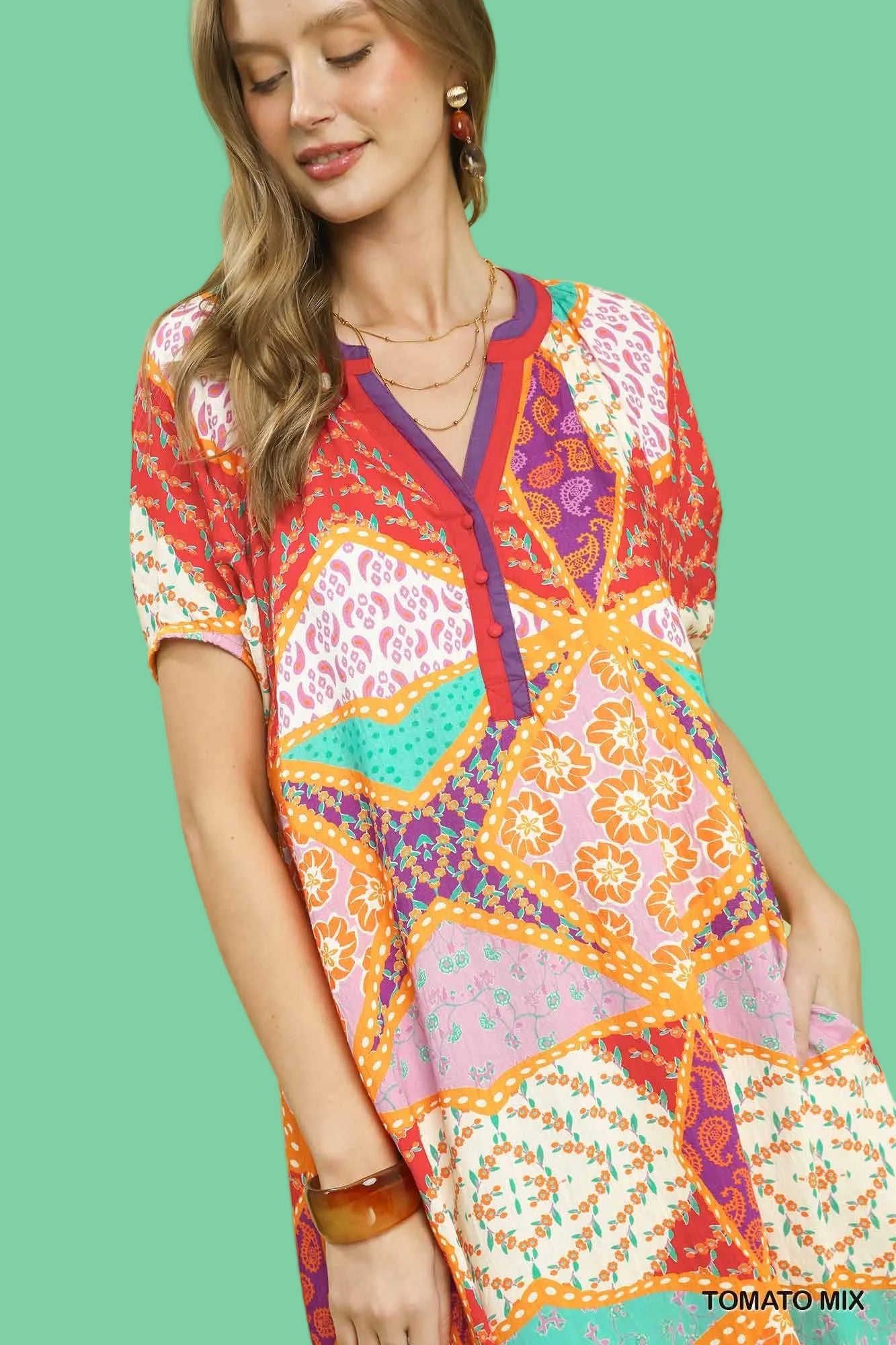 Patchwork Print Split Neck Midi Dress