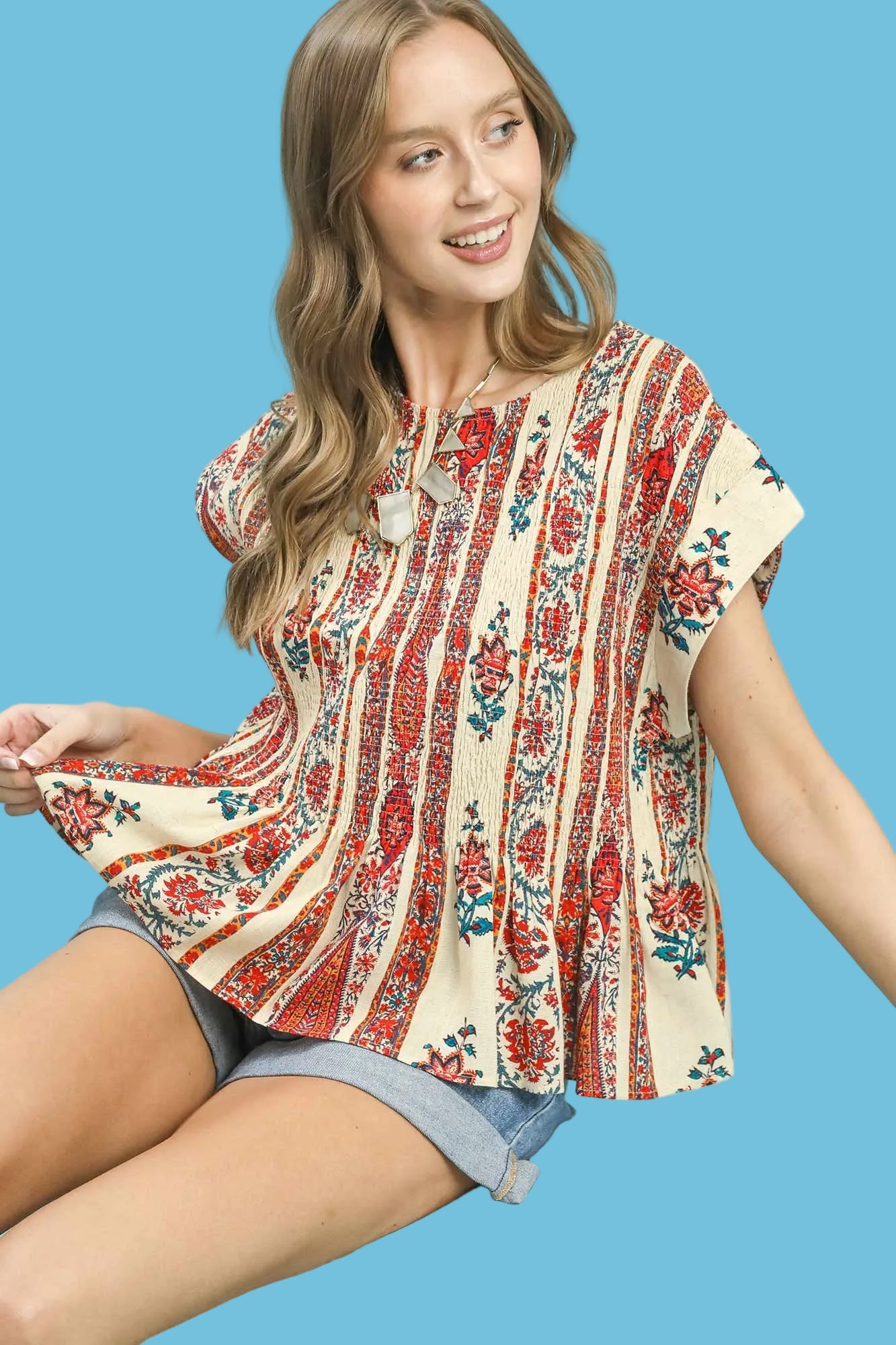 Linen Printed Cap Sleeve Top