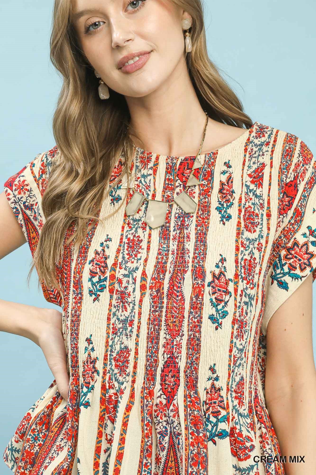 Linen Printed Cap Sleeve Top
