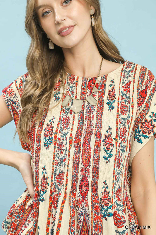 Linen Printed Cap Sleeve Top