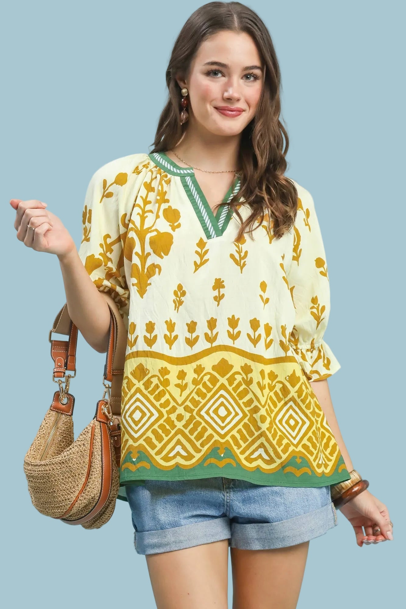 Border Print Puff Sleeve Split Neck Top