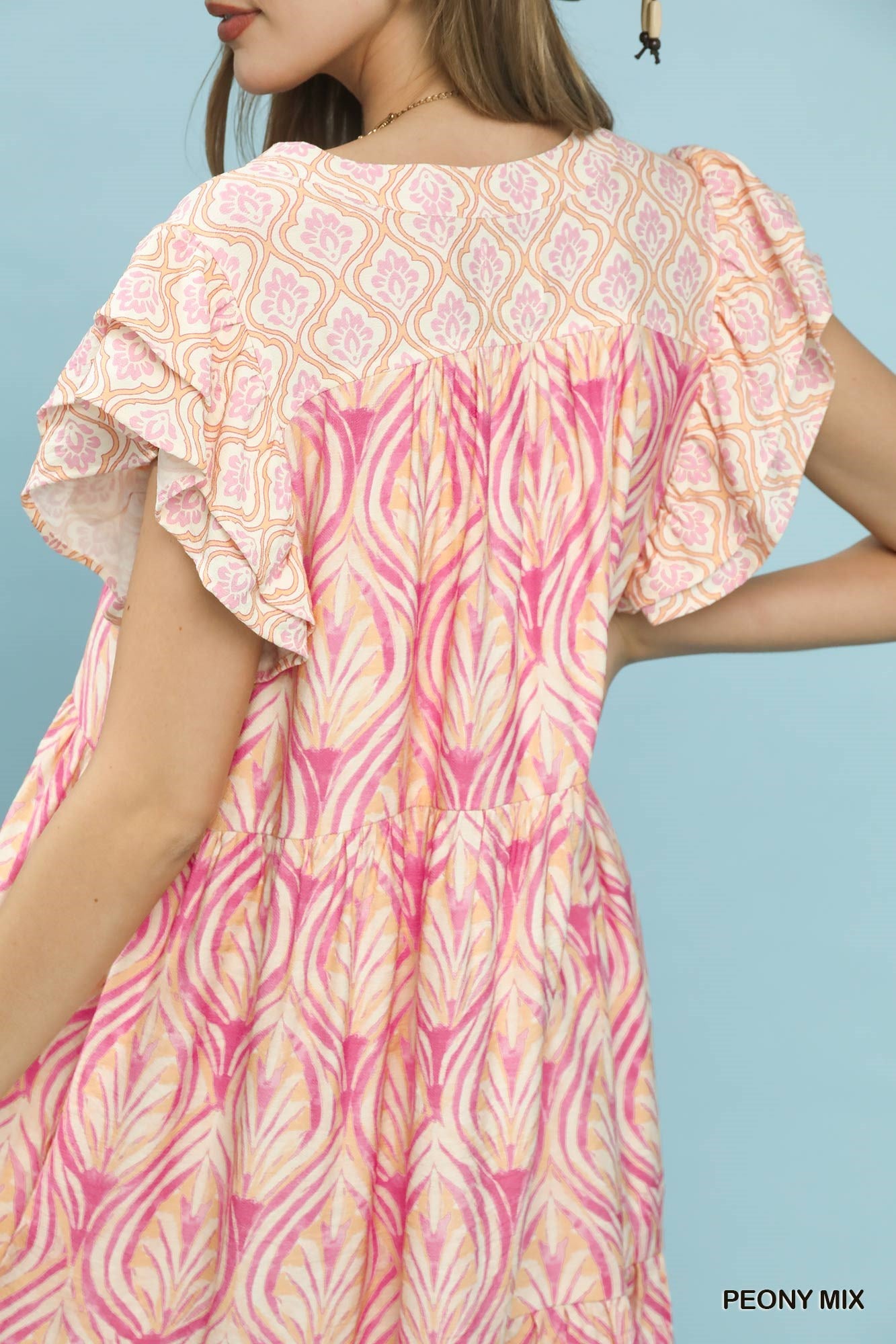 Mixed Print Flutter Sleeve Dress