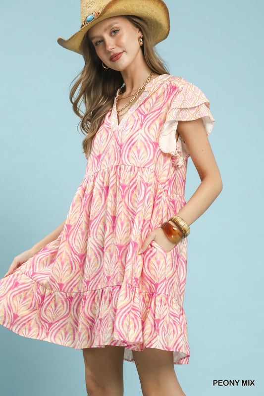 Mixed Print Flutter Sleeve Dress