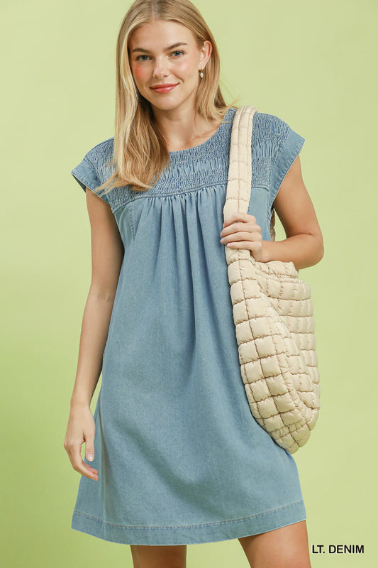 Chambray Smocked Mini Dress