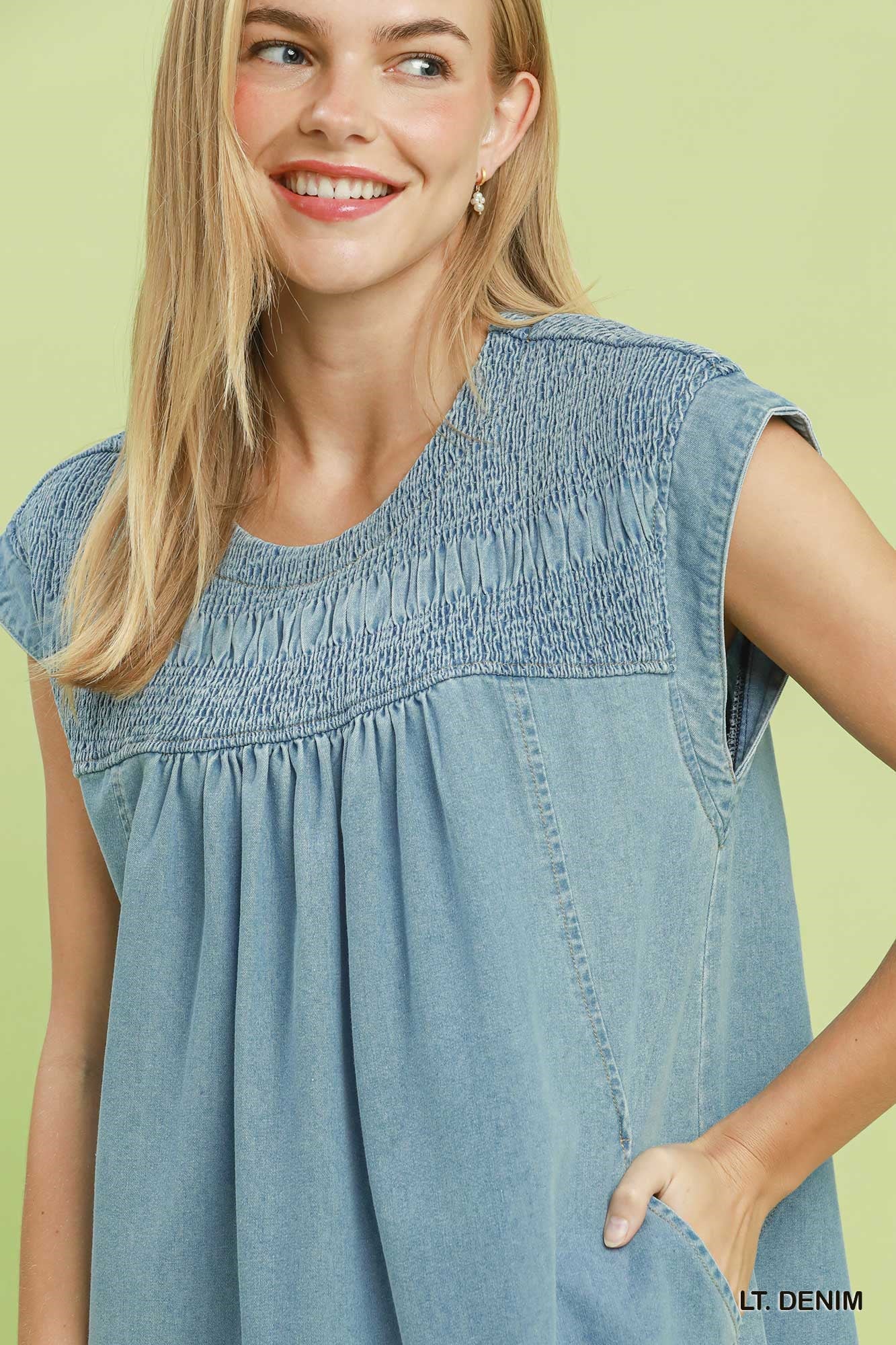 Chambray Smocked Mini Dress
