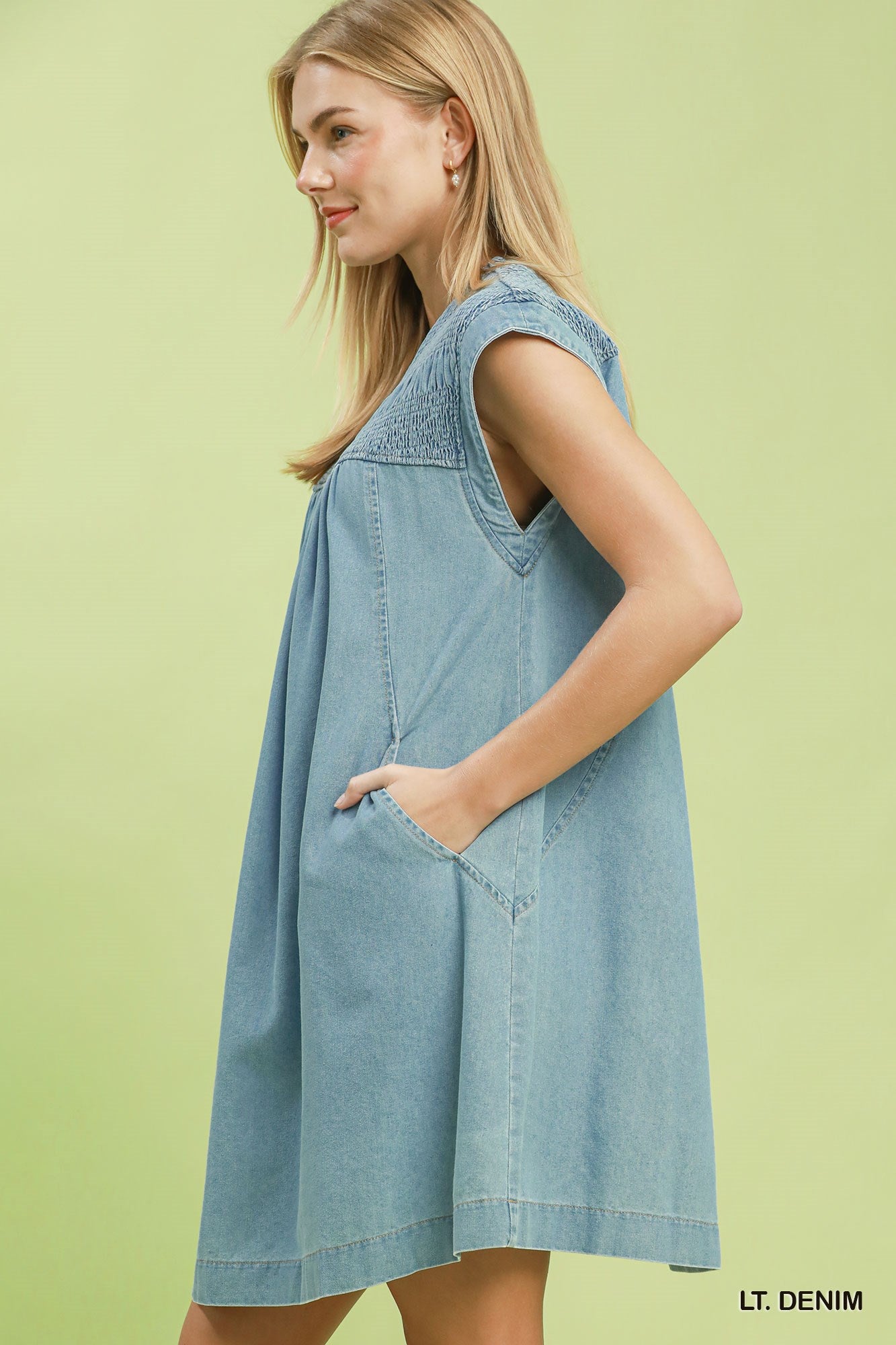 Chambray Smocked Mini Dress