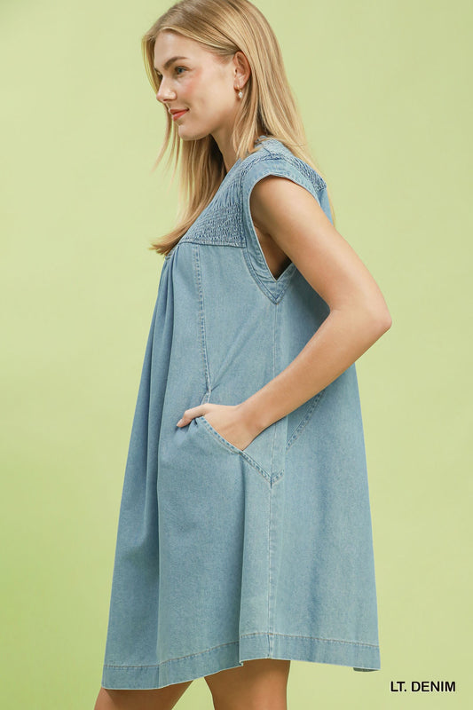 Chambray Smocked Mini Dress