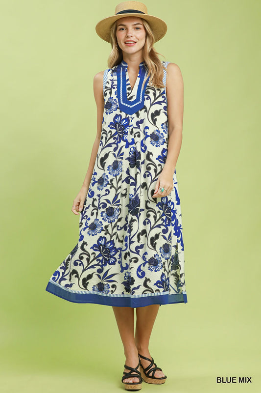 Floral Scroll Sleeveless Midi Dress